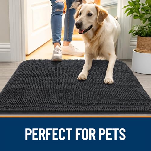 Image of OLANLY Dog Door Mat Set 4-Piece 30x20, Absorbs Moisture and Dirt, Absorbent Non-Slip Washable Doormat, Quick Dry Chenille Mud Mat for Dogs, Entry Indoor Entryway Carpet for Inside Floor, Dark Grey