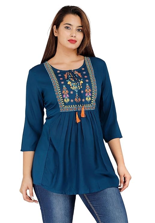 Image of Avayayat Women's Rayon Classic Heavy Embroidery Top with Beautifull Tassels at Front and on Both Sleeves Regular Fit Office Wear Festival Tunic Jeans Summer