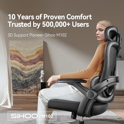SIHOO M102C Ergonomic Office Chair, High Back Desk Chair with 3D Armrests, Up&Down Lumbar Support, Swivel Computer Task Chair with Adjustable 2D Headrest, Tilt Function,Black image 1