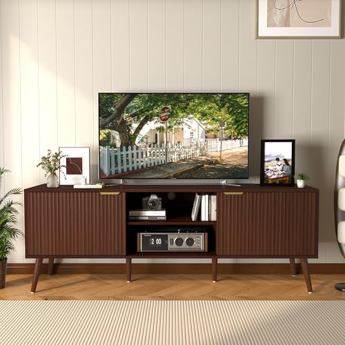 HUUHRIN TV Stand for Living Room to 55/60/65/70 Inches, Mid Century Modern TV Consoles with Power Outlet, Entertainment Center with Door Cabinets and Open Shelves for Living Room, Bedroom, Walnut