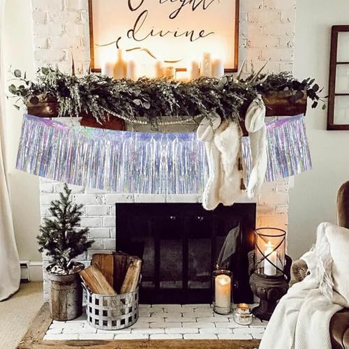 Image of BEISHIDA 3 Packs 30 Feet Metallic Foil Fringe Garland Tinsel Streamers，Laser Silver Wall Hanging Tinsel Fringe Banners for Wedding Birthday Party Decoration Halloween Christmas New Year