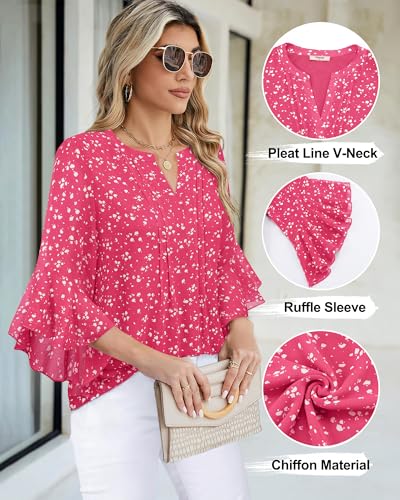 Image of Timeson Women's Short Sleeve V Neck Blouses Shirts Floral Double Layers Mesh Tunics Tops