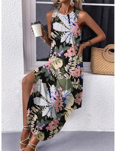 Image of Zeagoo Women Floral Summer Casual Beach Printed Tank Dress with Pockets Pleated Front Long Dress