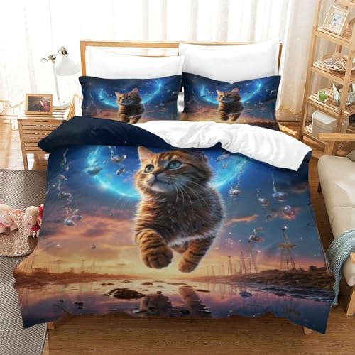 Funda nórdica de gato 3D con estrellas cama doble 200x200 de microfibra 3