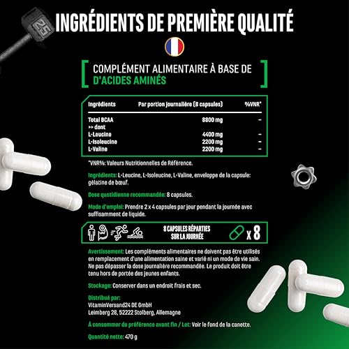 BCAA Ultra Caps - 365 gélules avec un dosage élevé de 1100 mg par gélule - Rapport optimal 2:1:1 - Leucine, L-Isoleucine, L-Valine - Acides aminés essentiels à chaîne ramifiée – Image 6