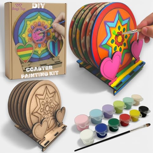 Image of BAGJI TOYS DIY Coaster Painting Kit for Kids & Adults - 6 Pre-Marked Wooden Tea Coasters with Stand, 12 Acrylic Colours & Brush - Mandala Art & Craft DIY Set - Beginner Friendly Painting Craft Kit, Birthday & Gift Activity (MandalaA3)