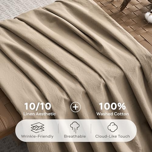Image of JELLYMONI 100% Washed Cotton Duvet Cover Queen - Soft, Breathable Linen-Look Bedding with Natural Wrinkle Texture, Button Closure, 3-Piece Set (Dusty Khaki, 90 inchx90 inch)