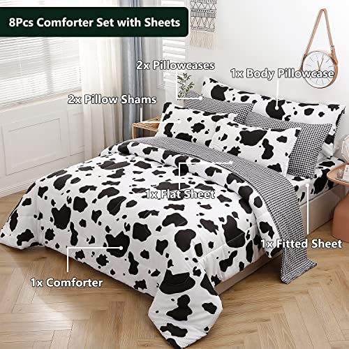 Sucses Cow Print Comforter Set Twin Size, 8 Pieces Geometric Bed In A Bag, Reversible Black And White Checkered Bedding Set For Kids Boys Girls, Ultra Soft Lightweight Bed Comforter Set With Sheets #TOP1