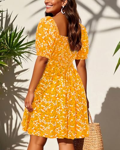 Image of Pinup Fashion Women Plus Size Casual Puff Sleeve Summer Sundress Smocked Short A Line Babydoll Cute Mini Dresses