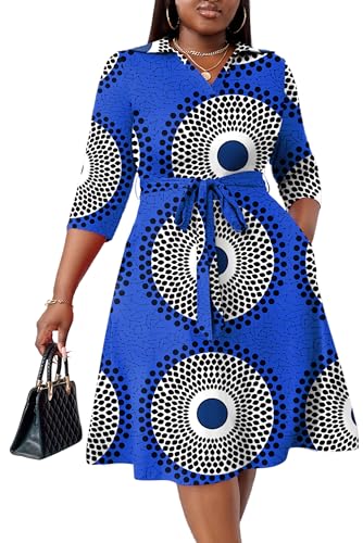 Image of FANDEE Plus Size Midi Dress for Women - Printing Summer Dresses for Wedding Guest Cocktail Party 3 /4 Sleeve V Neck(L-5XL)