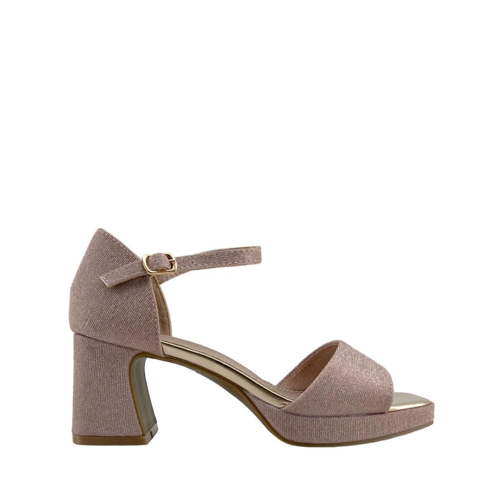 MODELISA Sandalia Tacon Ancho Fiesta Brillo Punta Abierta Hebilla Pulsera Tobillo Boda Mujer (Champagne, 38)