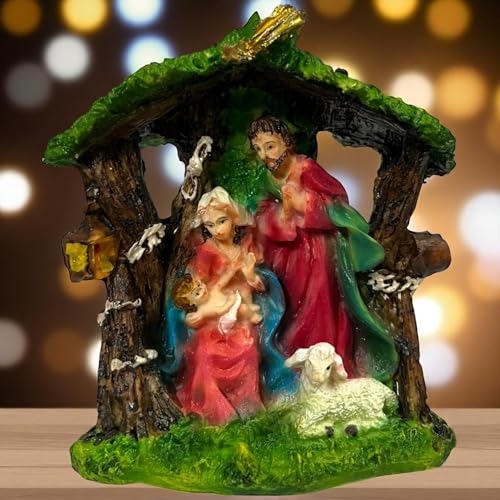 Image of KariGhar Crib House Set Nativity Set Holy Family Statue with Sheep Catholic Idol Perfect for Altar, Housewarming, Gifting and Decoration,