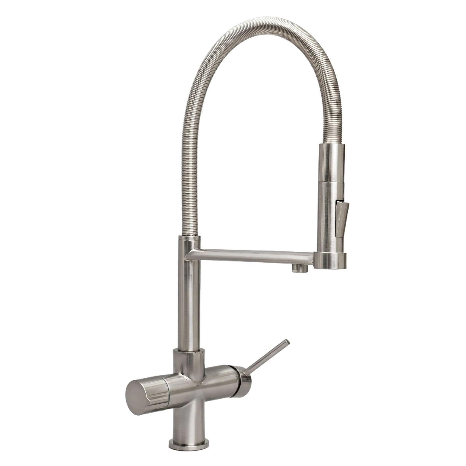 Grifo de Cocina de 3 vías extraíble de latón con Doble manija Flexible y Acabado Cepillado.