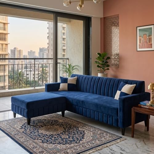 Image of FURNY Gracina 5 Seater L Shape Sofa Set with Movable Ottoman | Flexible Left or Right Layout | Plush Velvet Fabric (Dark Blue) | Perfect for Living Room, Guest Room & Office