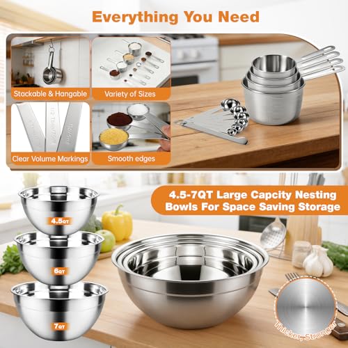 Image of 300W 5-Speed Electric Hand Mixer with 3 Thickened Nesting Mixing Bowls, Measuring Cups and Spoons, Complete Kitchen Cake Mixer with Paddle, Dough Hook and Whisk for Baking