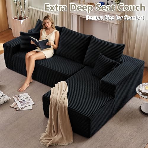 Image of 95.8 inch Cloud Sectional Couch with L-Shape Chaise, Modern Modular Comfy Sofa Chaise Longue, Upholstered Corduroy Couches Sleeper with Deep Seat for Living Room Bedroom, No Assembly Required, Black