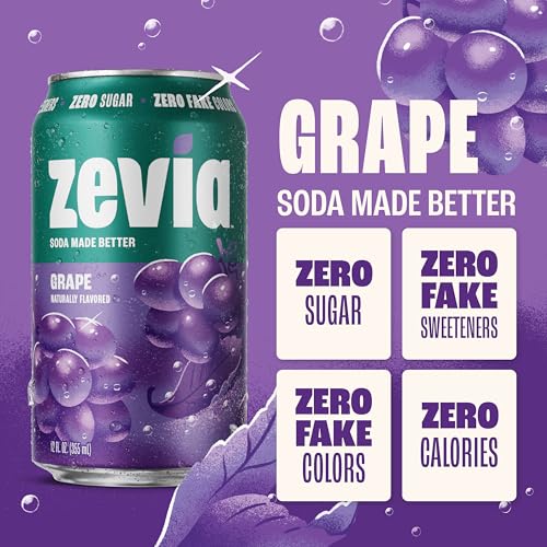 Image of Zevia Zero Sugar Soda, Grape, 12 oz Cans (24-Pack) - Naturally Sweetened, Zero Calorie Sugar Free Soda - Non-GMO Project Verified, Gluten-Free, Vegan