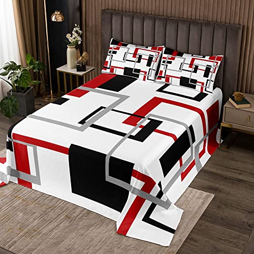 Geometry Square Quilt Set de courtepointe Blanc Noir Rouge Gris Rayures Couvre-lit souple Géométrique Treillis à carreaux pour enfants Garçons Filles Moderne Couvre-lit Art créatif Doux 220 x 240 cm Cover