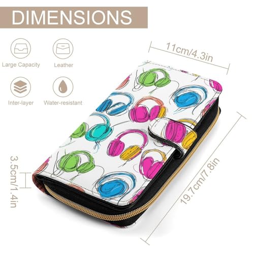 Colorful Headphone Pattern Fashion Women's Wallet RFID Blocking Bifold Clutch Purse Compact Card Holder 19.7x11x3.5cm2