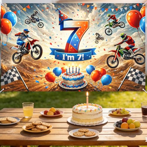 Image of Nuxovilar Happy 7th Birthday Banner Backdrop 71 inchx43 Polyester | Celebrate Party Supplies, Celebration Decor. Dirt Bike Birthday Party Decorations. Yard, Garage, Room. (Dirt Bike 7th)