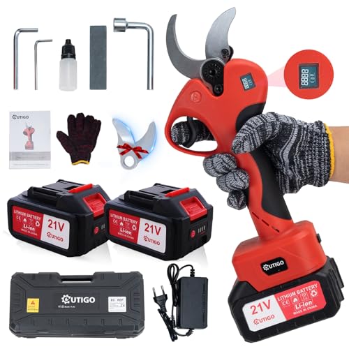 OUTIGO Tijeras de Podar Eléctricas, Tijeras de Podar con Baterías 2x3000mAh, Tijeras de Poda de 40 mm con Display, Tijeras de Podar 800W con Motor Brushless para Jardinería, Árboles Frutales, Viñedos