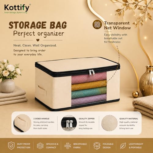 Image of Kottify Pack of 3 Cotton Canvas Clothes Storage Bags /Saree Covers with Zip for Storage Specially Design for Woman Dresses, Sarees, Lehengas for Wardrobe Organizer (17 x 14 x 7 Inch)