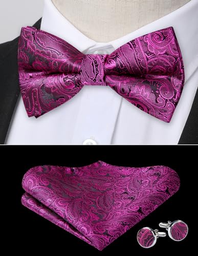 Image of HISDERN Bow Ties for Men Pre-Tied Bow Tie Floral Paisley Handkerchief Classic Formal Bowtie and Pocket Square Cufflinks Set
