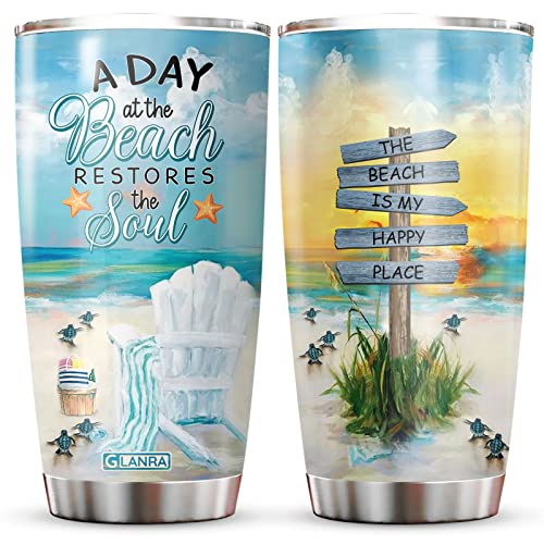 Neonoza Beach Tumblers, Beach Lovers Gifts, Sea Wave Tumbler 20 Oz Stainless Steel with Lid, Turtle Travel Coffee Cup, A Day At The Beach Restores The Soul Mug, Sea Lovers Gifts