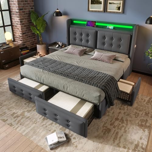 vutizal Cama tapizada de 180 x 200 cm con iluminación LED, 4 cajones, base de carga USB-C, lino de algodón, gris, cama de almacenamiento con somier
