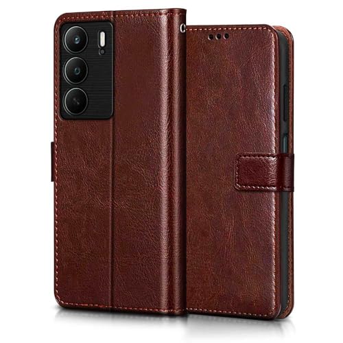Image of WOW IMAGINE Shock Proof Flip Cover Back Case Cover for Realme C75 | Realme C73 | Narzo 80 lite 5G | P3 Lite 5G (Flexible | Leather Finish | Card Pockets Wallet & Stand | Brown)