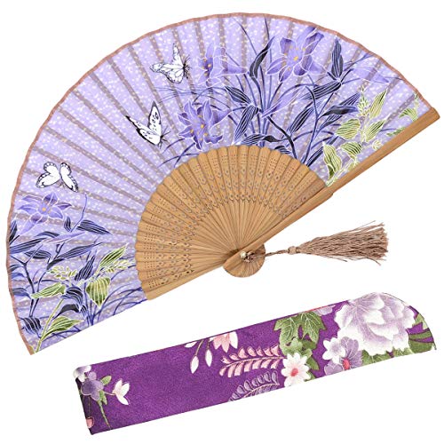 OMyTea - Abanicos de seda plegables con marco de bambú – con una funda de tela de protección para regalar – 100 % hechos a mano estilo...