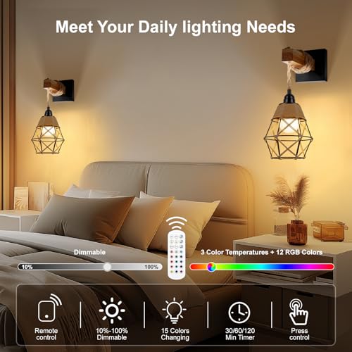 Image of FRIDEKO HOME Farmhouse Rustic Wall Sconces, Battery Operated Set of Two, Rattan Dimmable Wireless Rechargeable Wall Lamp with RGB 12 Colors & 3 Timer, Boho Lighting for Bedroom, Black