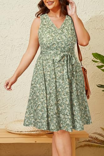 Image of Holipick Women's Plus Size Sleeveless V Neck Wrap Sundress Summer Casual Dress with Pockets