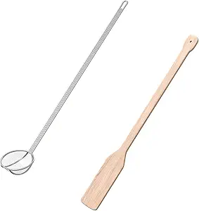 36" wooden paddle and 40" mesh skimmer set for stockpots