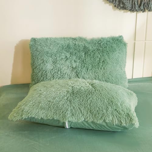 Shaggy Fluffy Green Comforter Cover King Set – Faux Fur Shaggy Green Bedding 3-Piece Set (1 Duvet Cover + 2 Furry Pillow Shams) Cozy Bed Set