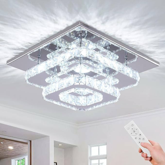 YPQXYHDA 9.8" Square Crystal Ceiling Light with Remote Modern LED Flush Mount Chandelier Lights Fixture for Living Room, Bedroom, Kitchen Hallway Dimmable