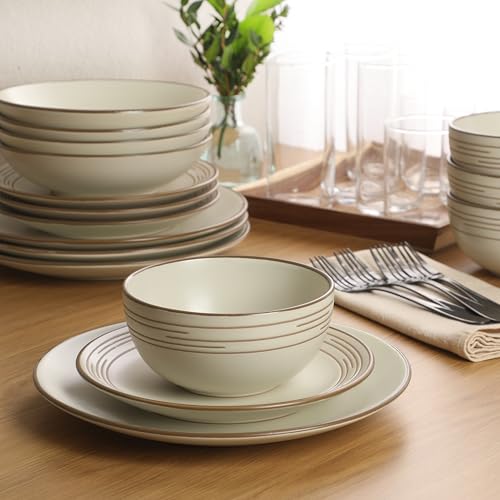 Image of Gibson Home Chiswick House 16-Piece Stoneware Dinnerware Set, Round Plates and Bowls Set for 4, White with Wax Relief Embossed Rim Detail, Dishwasher Safe - Dinner Plate, Salad Plate & Cereal Bowl