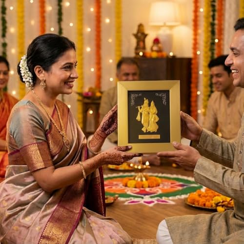 Image of Gold Plated Radha Krishna Photo Frame for Home Decor, Pooja Room Decoration, House Warming & Marriage Gifting - 7 x 6 Inches - 1 Piece