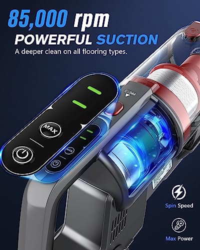Cordless Rechargeable Vacuum, 85,000PRM Motor, 35 Min Runtime, 2 Adjustable Suction (Gray/Red)