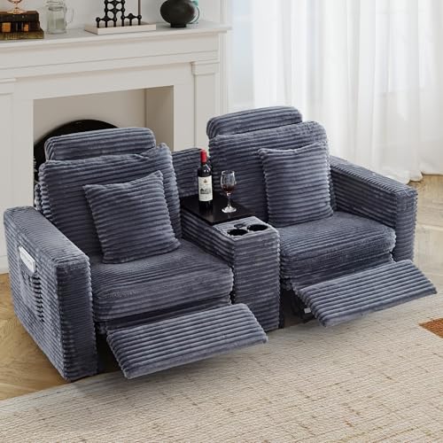 Image of RARZOE Modular Sofa Console Module with Storage, Corduroy Storage Console with USB Port&Cup Holder for Living Room Modular Sectional Sofa Couch, Grey