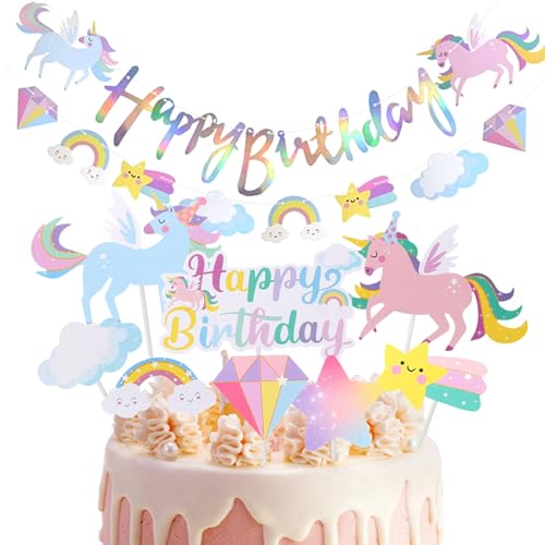GWAWG 10 tapas de pastel de unicornio, pancartas de cumpleaños de unicornio, decoraciones de fiesta de cumpleaños temática de unicornio, tapas de pastelería con Nebulosa del Arco Iris
