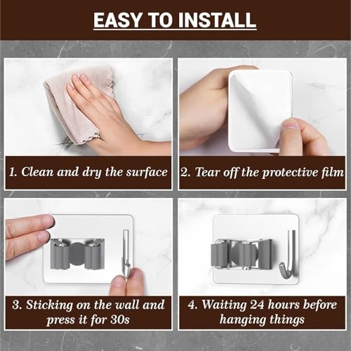 Image of JD FRESH 1 Pcs Stainless Steel Mop & Broom Holder Wall Mount with Hook /No Drill Anti Slip Sticky Waterproof Self-Adhesive Broom Hanger Stand Organizer for Kitchen, Garden, Bathroom, Garage (Grey)