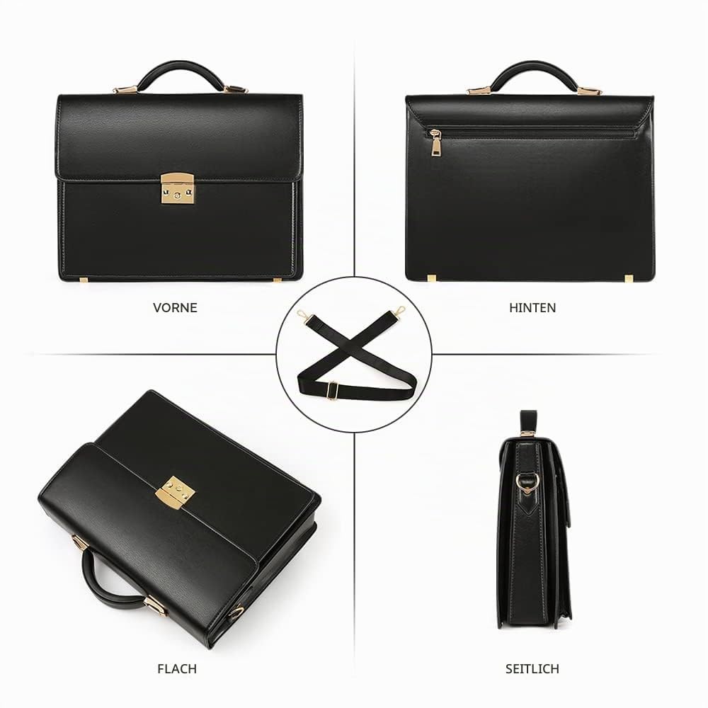 Herren Aktentasche Leder Verriegelung Aktentaschen für Männer Business Laptop Messenger Bag, Aktentaschen mit Verriegelung, Schwarz