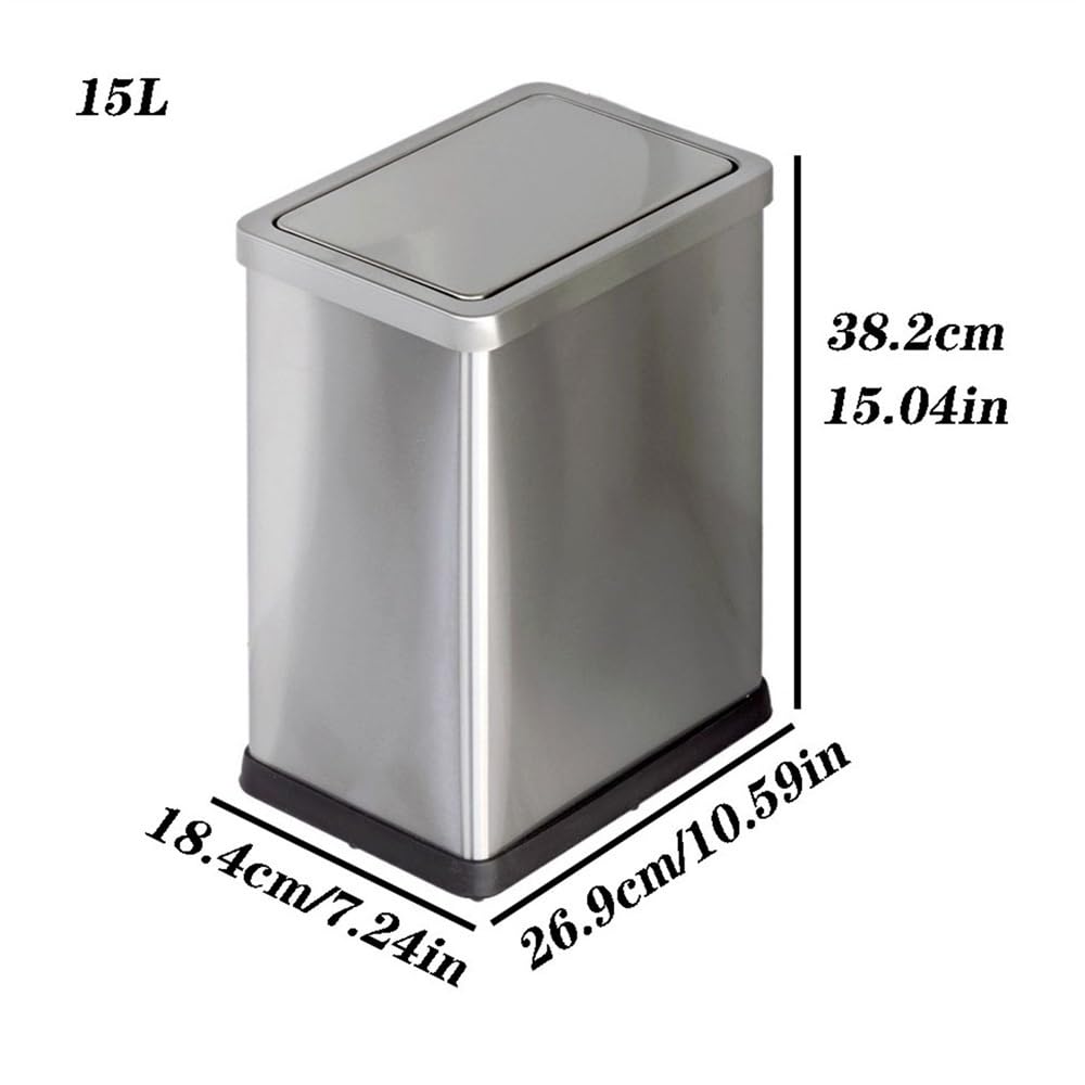 Mülleimer 10L / 15L Edelstahl-Mülleimer for die Küche mit Deckel, großes Fassungsvermögen, Wohnzimmer, Schlafzimmer, Schaukeldeckel, Mülleimer, Büro, Papierkorb Papierkorb(15L)