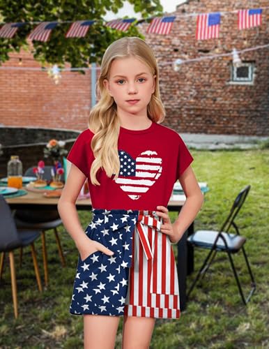 Image of Arshiner Girls 2 Piece Outfit Summer Drop Shoulder Batwing Sleeve Tops and Paperbag Waist Shorts Set Cute Clothing Size 6-14