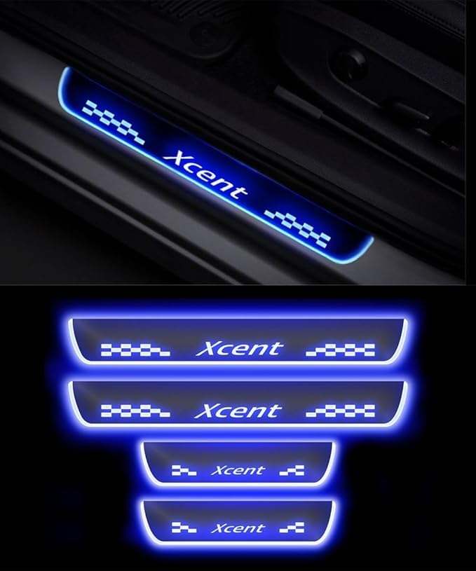 Image of Fabtec Car Door Foot Step Led Sill Plate Compatible with Hyundai Xcent Models, Anti-Scratch Reflective Mirror Finish, Blue Light, Set of 4 Pcs (6 Months Warranty)