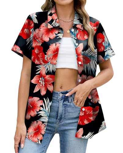 NQIQO Hawaiian Shirts for Women Summer Floral Button Down Shirt Aloha Beach Tops Red Hibiscus L