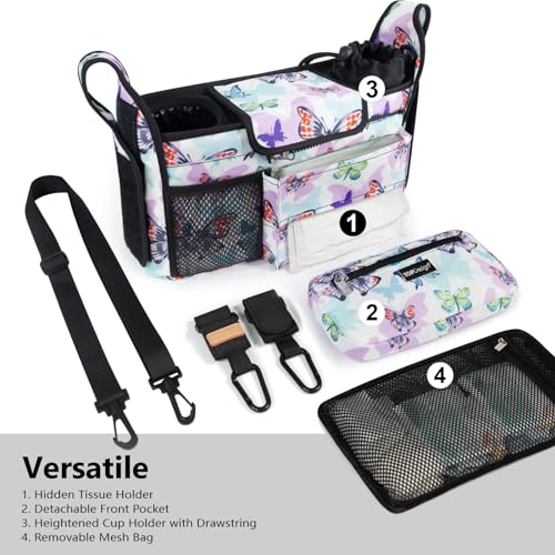 Image of TOPDesign Universal Baby Stroller Organizer, Stroller Caddy with Detachable Mesh Bag & Heightened Insulated Cup Holders & Non-Slip Secure Hooks Accessories, Fits Most Strollers (Butterfly)