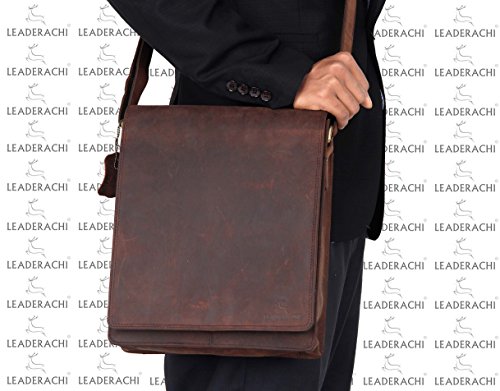 Image of LEADERACHI Vintage Hunter Leather Crossbody Messenger Bag For Mens.