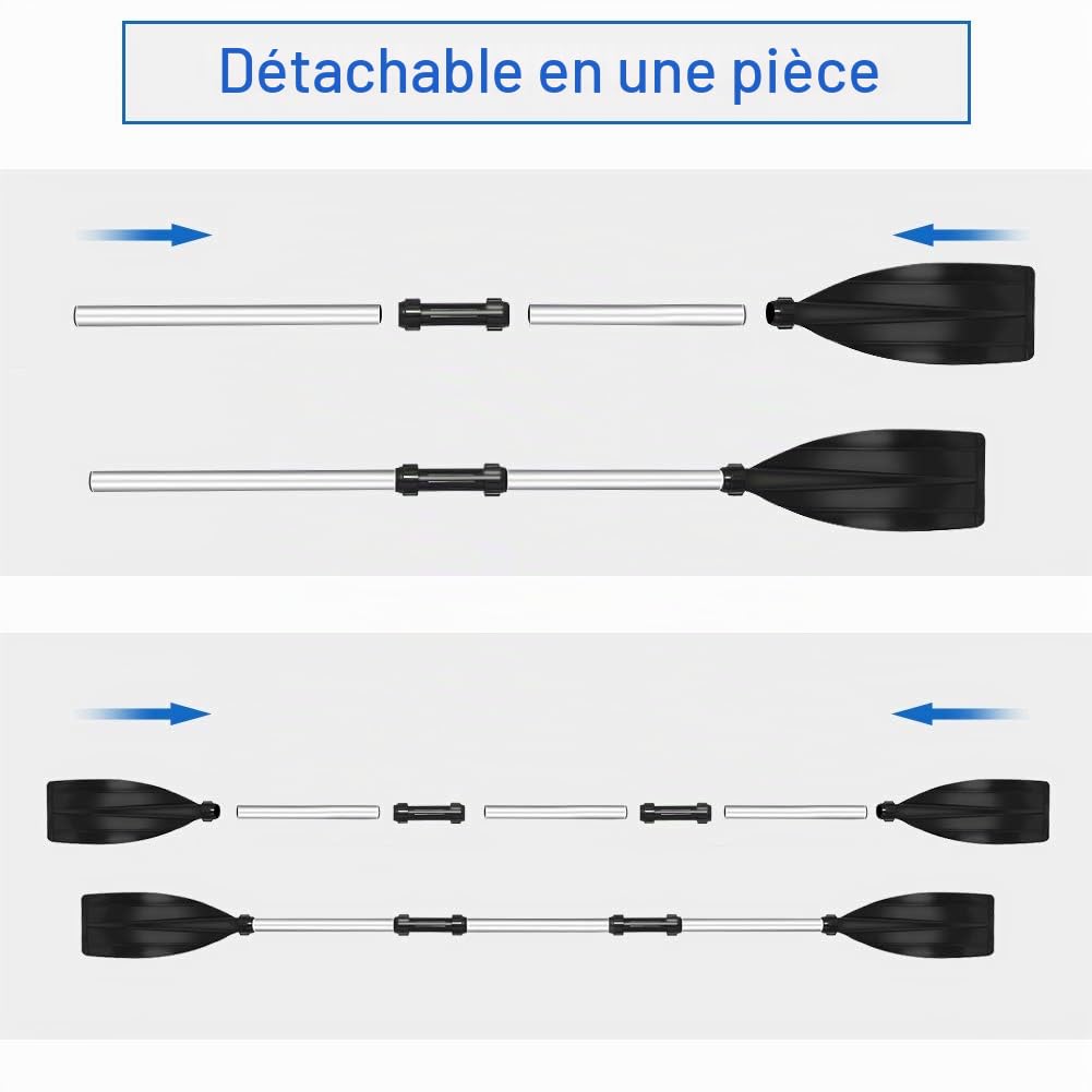 Ejoyous Double Pagaie, Lot de 2 Pagaies de Kayak, Pagaies Amovibles avec Lames Nervurées en Alliage D'Aluminium pour Bateau Gonflable, Canoë, Bateau à Rames